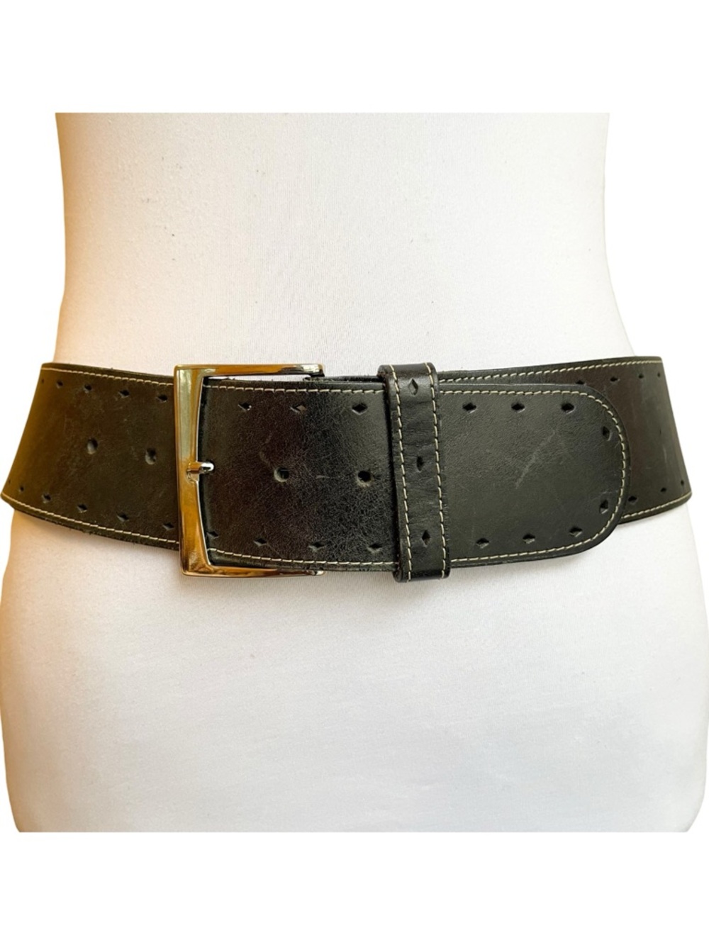 Wide Black Leather Belt Square Buckle 90s Size S